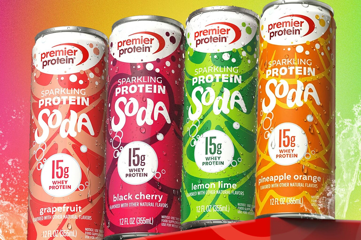 Premier Protein Sparkling Protein Soda cans in Grapefruit, Black Cherry, Lemon Lime and Pineapple Orange flavors